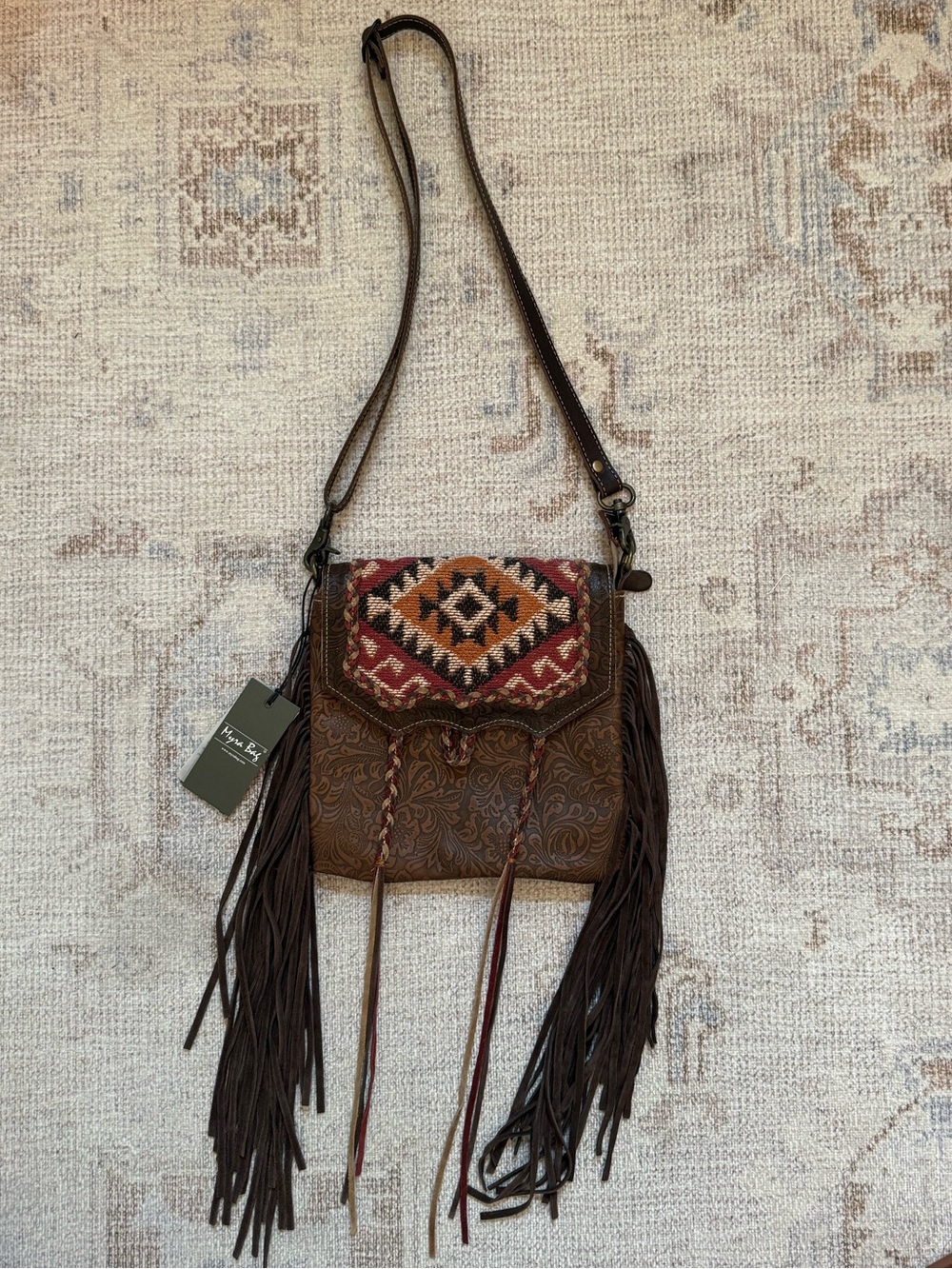 Myra Bag Brown Crossbody with Red and Orange Aztec Flap and Fringe